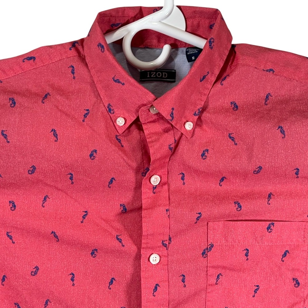 IZOD Mens Seahorse Print Short Sleeve Button Down Shirt Coral Pink Size Medium‎